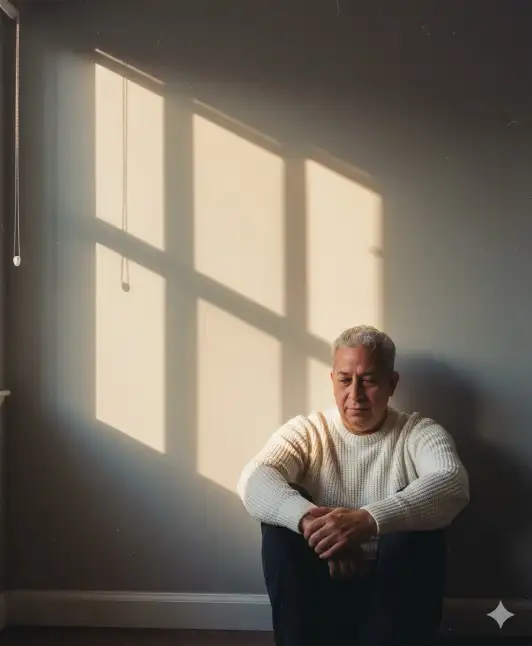 Retrato ambiental interior melancólico (de rodilla a cabeza, tres cuartos) del sujeto [persona en la imagen] que lleva un suéter blanco y pantalones oscuros; tomado verticalmente a 2:3 en una cámara digital sin espejo de fotograma completo con un objetivo fijo de 35 mm desde un ángulo ligeramente alto (inclinación hacia abajo de ~10-15°); ajustes f/2.0, ISO 800, 1/500 s, balance de blancos Sombra ~7000 K con tinte magenta +5; emulación Kodak Portra 400 más un filtro de calentamiento 81A. Composición: sujeto sentado en el suelo en el tercio inferior derecho, con la espalda contra una pared gris neutra, las piernas dobladas con las rodillas recogidas, la cabeza ligeramente inclinada, las manos cerca del regazo; el fondo es solo una pared lisa, con una cortina apenas visible como una fina franja sobreexpuesta en el extremo superior izquierdo; gran espacio negativo arriba y a la izquierda; Regla de los tercios con una viñeta sutil. Iluminación: luz natural de la hora dorada del atardecer, procedente de tres ventanas independientes, que produce tres columnas rectangulares altas y distintivas de luz cálida sobre la pared, ligeramente descentradas y de intensidad desigual; claroscuro de alto contraste con bordes nítidos y un suave halo, que fluye de izquierda a derecha. Enfoque: plano sobre el rostro y la frente del sujeto, con poca profundidad para que la pared se suavice suavemente. Textura: grano pronunciado, similar a una película, con motas de polvo visibles y arañazos tenues. Paleta de colores: reflejos cálidos en tonos miel/ámbar y blancos cremosos sobre una pared gris carbón neutra con rayas negras de jersey. Posproducción: tonos cálidos divididos (reflejos +15 naranja, sombras +5 sepia) con un suave desvanecimiento en las sombras más profundas. Ambiente: introspectivo, crudo, minimalista, cálido.
Restricciones: solo se ven la pared y el sujeto; la iluminación debe interpretarse como tres reflejos discretos en una ventana rectangular; la cortina apenas se ve; las piernas permanecen dobladas. Sin desorden ni muebles; sin colores brillantes y saturados; sin HOR; sin enfoque extremo; sin bolas bokeh.