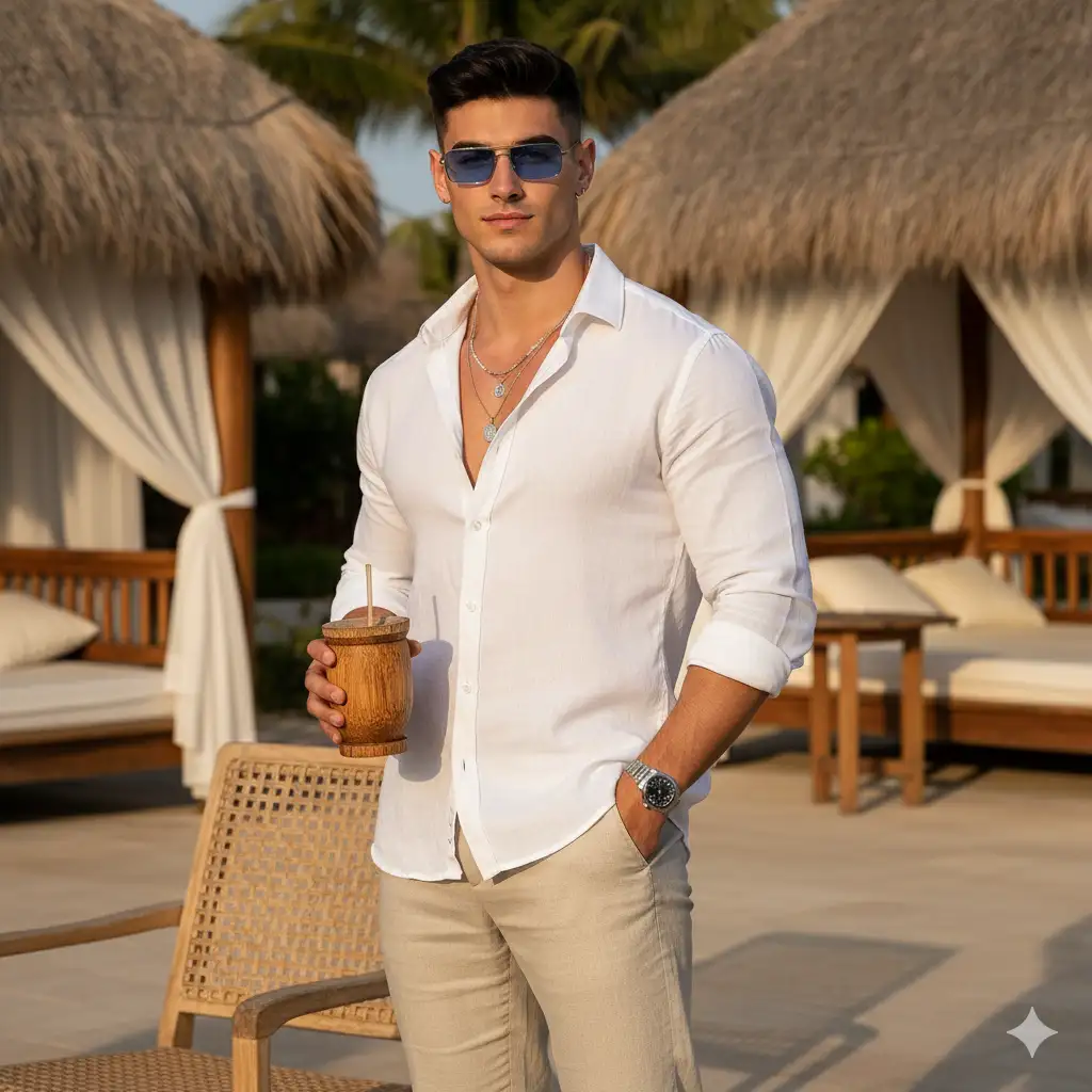 4K ultra realistic DSLR photograph of a stylish young man standing confidently in an outdoor luxury resort setting. He is wearing a sleek white linen shirt with the top buttons open, paired with beige trousers and clean white sneakers. A silver wristwatch and layered pendant necklace add elegance, while blue tinted sunglasses enhance his sharp, charismatic look. He holds a textured wooden cup with a straw in one hand, the other hand casually in his pocket. The background features tropical thatched-roof cabanas with flowing white curtains, natural wooden furniture, and a rattan chair in the foreground. Soft golden hour sunlight highlights his skin tone and outfit with crisp detailing, realistic shadows, and cinematic depth of field, giving a polished fashion editorial vibe. keep my face exactly the same as the uploaded photo.
Do not change or edit my face.