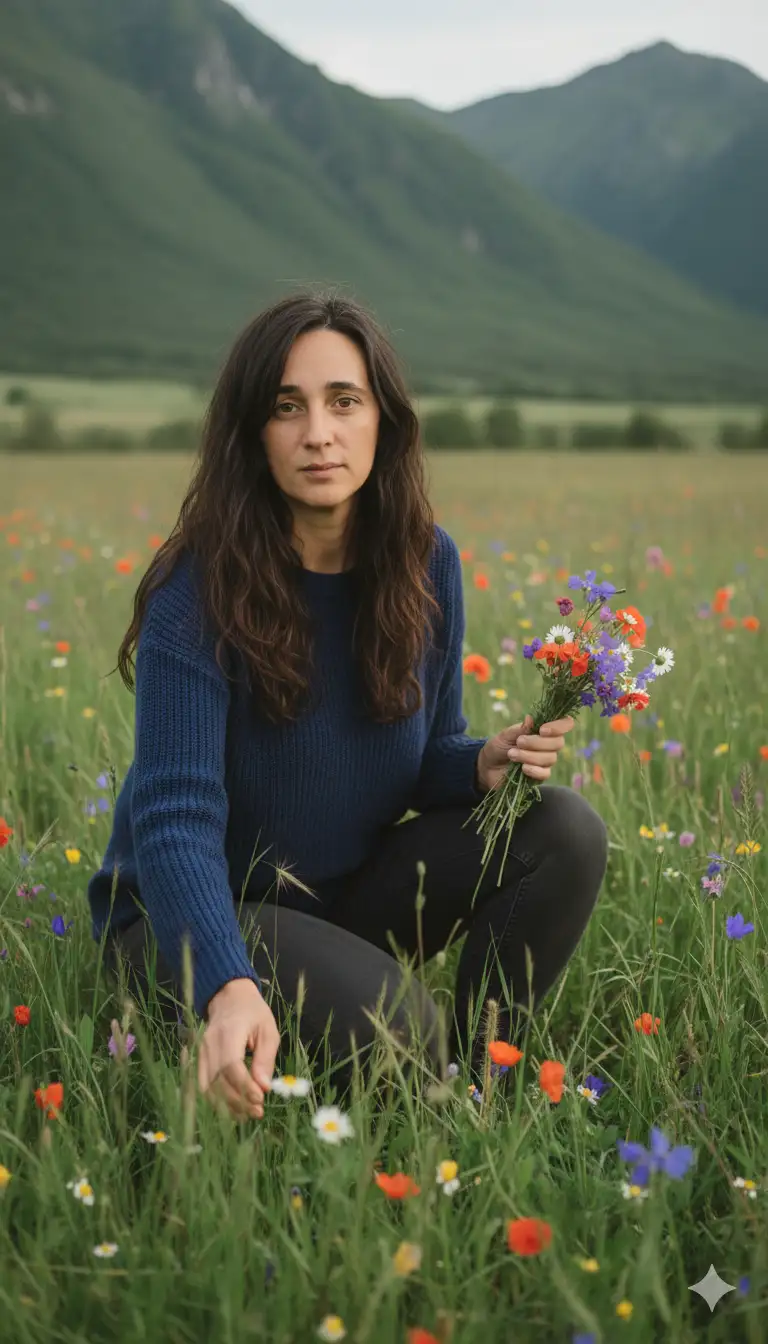 Genera una foto cinematográfica ultra-realista usando el rostro de la persona subida, combinada perfectamente con el cuerpo delgado. La persona está arrodillada en un exuberante prado verde rodeada de hierba alta y flores silvestres, usando un suéter azul francis y pantalones oscuros. Sostiene un pequeño ramo de flores de colores en una mano mientras se inclina hacia adelante para recoger más flores con la otra mano.
El fondo muestra altas montañas verdes bajo suave luz del día con tonos cinematográficos neutrales en su lugar. Haz su cabello con un poco más de volumen, no cambies su cara ,manten sus expresiones y rasgos faciales