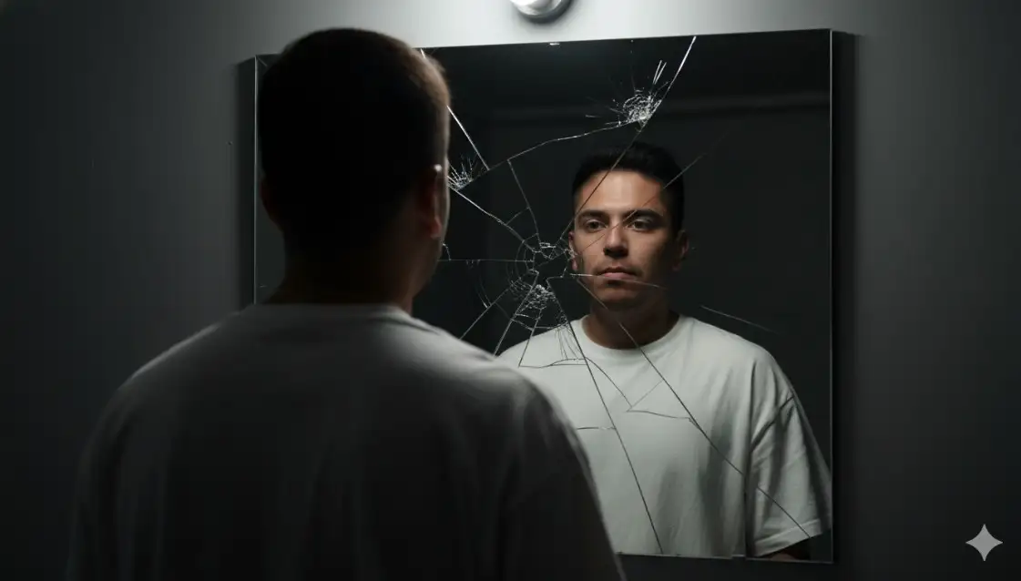 Un hombre está parado frente a un espejo roto, solo su espalda es visible directamente, mientras que su rostro es visible a través del reflejo del espejo roto, iluminación dramática y sombría, con sombras de alto contraste, fondo oscuro y luz tenue enfocada en el rostro del hombre en el reflejo del espejo, las grietas del espejo se extienden hombre en todas direcciones, creando un efecto emocional fragmentado, el lleva una camiseta blanca de gran tamaño, atmósfera cinematográfica, emocional e introspectiva, orientación vertical, alto detalle, textura realista, atmósfera de luz ligeramente. mínimo.