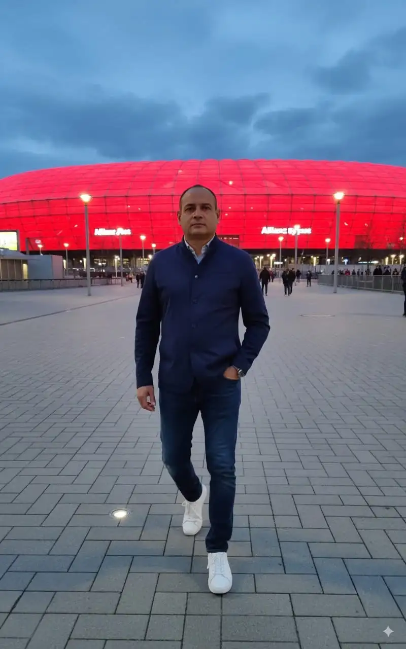 Modifique un poco el prompt y le di mas detalles para hacerlo mas preciso



Genera 4 imágenes diferentes con la imagen adjunta de mi. Cada imagen usa el mismo tema de la referencia. Pero en cada imagen está usando un atuendo de calle diferente (dependiendo de la ubicación o el clima) y una pose diferente. Cada imagen también está situada en un punto de vista diferente y tiene un ángulo en varios puntos de vista. Mantén los rasgos físicos. Contextura delgada.



📸 Imagen 1: Allianz Arena, Múnich, Alemania

•	Atuendo: Chaqueta deportiva ligera, jeans oscuros, zapatillas blancas.

•	Clima: Fresco, de tarde-noche con luces rojas del estadio iluminado.

•	Pose: Caminando hacia la cámara con una mano en el bolsillo.

•	Ángulo: Plano medio desde abajo, con el Allianz Arena iluminado de fondo.

🏛️ Imagen 2: Coliseo de Roma, Italia

•	Atuendo: Camisa de lino clara, pantalón beige, mocasines cómodos.

•	Clima: Soleado, cielo azul mediterráneo.

•	Pose: De pie mirando hacia un costado, con el Coliseo detrás.

•	Ángulo: Plano americano lateral, capturando la curva del Coliseo.

🌆 Imagen 3: Burj Khalifa, Dubái, EAU

•	Atuendo: Camisa negra ajustada, pantalón gris claro, gafas de sol modernas.

•	Clima: Desértico, cielo despejado, luz intensa.

•	Pose: Brazos cruzados, mirando hacia arriba.

•	Ángulo: Contrapicado (desde abajo), con el Burj Khalifa elevándose detrás.

🗽 Imagen 4: Séptima Avenida, Nueva York, EE.UU.

•	Atuendo: Chaqueta bomber, camiseta blanca, jeans rasgados, sneakers.

•	Clima: Urbano, luces de neón y tráfico nocturno.

•	Pose: Caminando entre la multitud, mirando hacia un costado con naturalidad.

•	Ángulo: Plano callejero dinámico, con taxis amarillos y rascacielos de fondo.