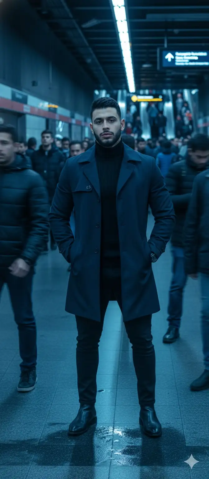 A STYLISH MAN STANDING STILL IN THE MIDDLE OF A CROWDED METRO STATION, SURROUNDED BY MOTION-BLURRED PEOPLE RUSHING BY, DEEP BLUE TONES, OVERCAST LIGHTING, CINEMATIC MOOD, FULL-BODY SHOT, SHARP FOCUS ON SUBJECT, BACKGROUND IN MOTION, EMOTIONAL STILLNESS IN CHAOS
--AR 4:5
-- STYLIZE 550
-- PROFILE 02DV5N1. Don't change facial features
