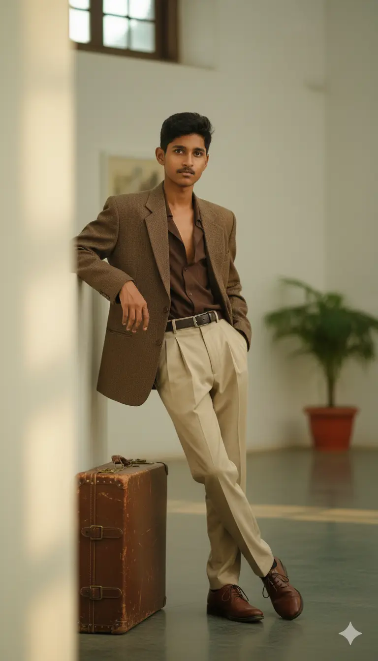 Take the face from the attached photo , same 100% same , he is a kid A stylish kid, facial will be the same as the reference image, with sharp features and dark tousled hair parted naturally. He is leaning casually against a vintage suitcase. He wears a textured brown blazer over an open-collar dark brown shirt, slightly unbuttoned at the top, paired with high-waisted light beige pleated trousers and a dark belt. The aesthetic is elegant and retro-inspired, with earthy tones. Minimalistic indoor background, cinematic warm natural lighting. His name is ABISH