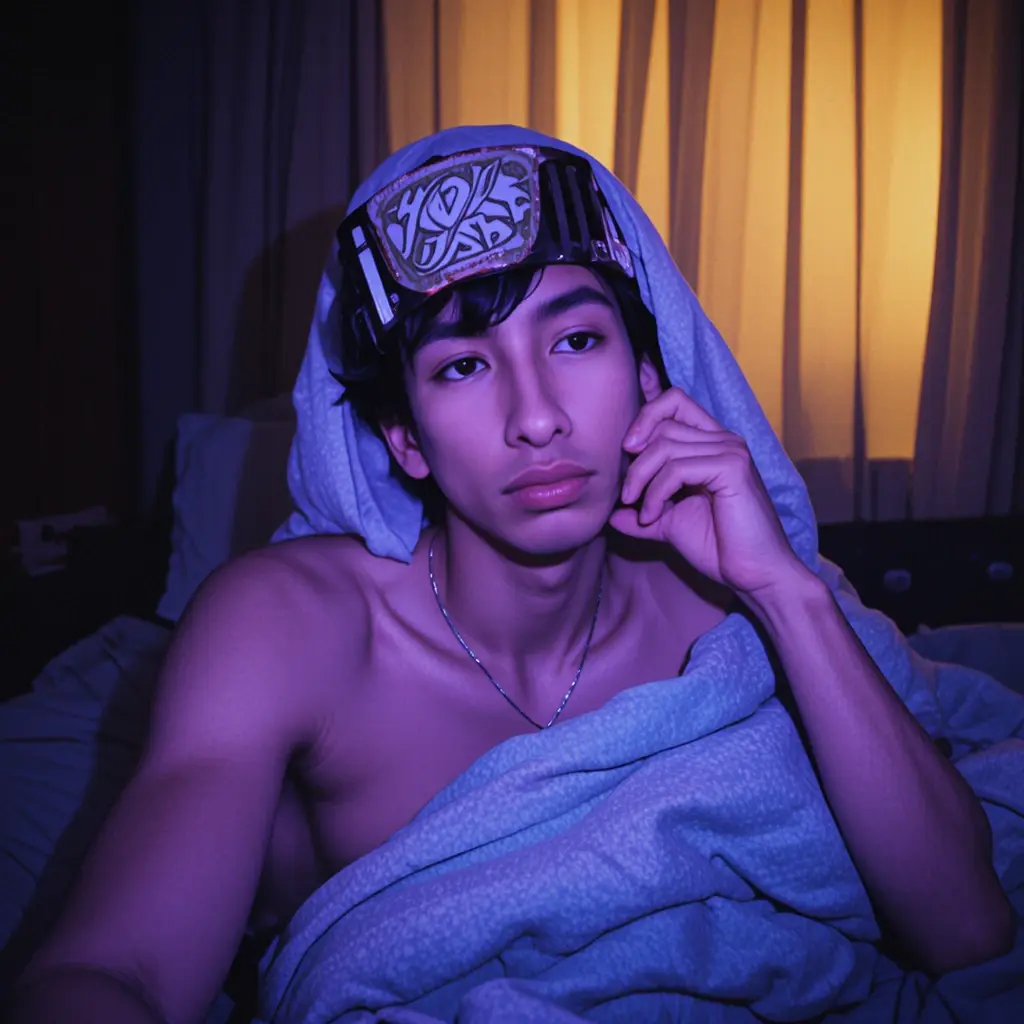 Marco vertical, selfie realista con teléfono con poca luz en un dormitorio nocturno tenue, misma cara como referencia. Pantalla azulada-violeta que brilla en la cara pálida; fondo oscuro con quedan cortinas opacas beige. Ambiente lofi nocturno acogedor y somnoliento, primer plano en ángulo ligeramente bajo. Sujeto acostado boca abajo, apoyado en una almohada gris estampada, cabello negro desordenado con flequillo tenue. Suave mirada en blanco de ensueño, boca ligeramente abierta, mano cerca de la cara con labios tocando los dedos. Sando negro claro sin mangas, cadena fina plateada, hombro izquierdo desnudo. Enfoque suave, grano / ruido visible, alto contraste entre rostro iluminado y fondo oscuro. Aviso negativo: luz diurna brillante, sol, iluminación de estudio / flash, tonos cálidos / naranjas, exterior, enfoque nítido, cámara profesional, manos deformadas, dedos adicionales / faltantes, cara desenfocada.