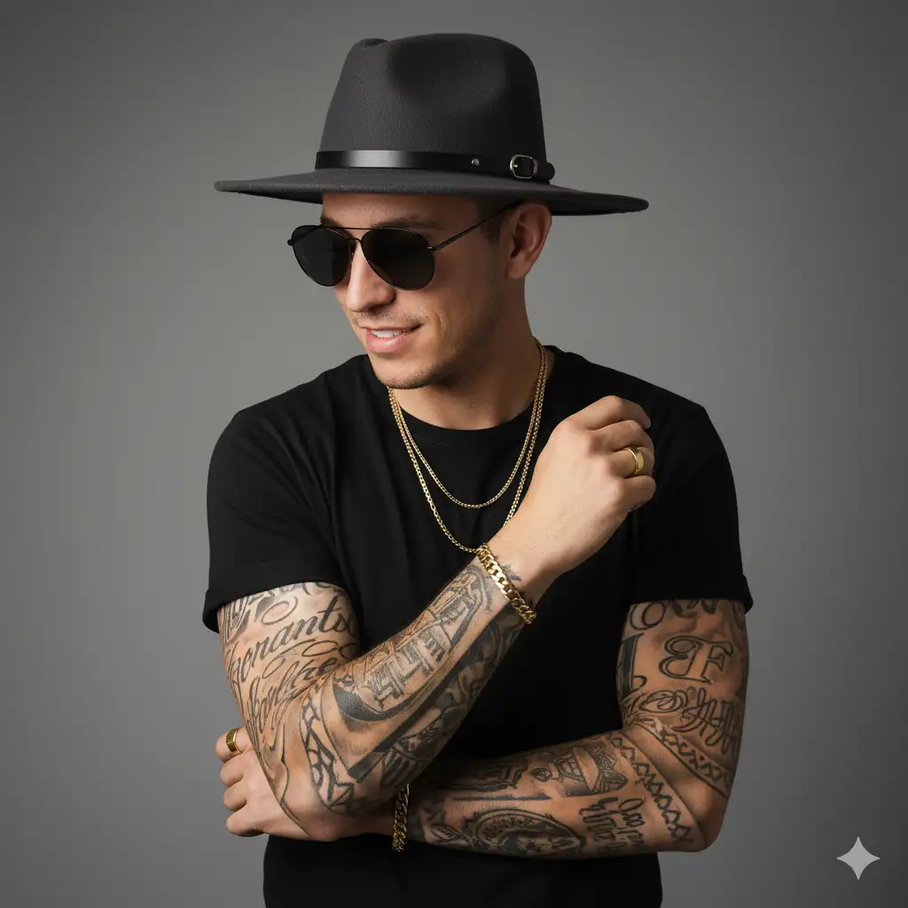 Base Image Concept: A stylish male, late 20s to early 30s, looking down with a subtle, confident smile. He is wearing a dark, wide-brimmed fedora hat, black aviator sunglasses, a plain black crew-neck t-shirt, and multiple gold chain necklaces and bracelets. His forearms are visibly tattooed with intricate, artistic designs. The lighting is soft, studio-style, with a gentle overhead key light and subtle fill, creating soft shadows and highlighting facial features and jewelry. The background is a clean, neutral medium grey, gradient-free.
Subject's Specifics:
Face Transfer: Integrate the face from the provided user image [aquí indicarías cómo se proporciona la nueva cara, por ejemplo: "using the attached reference image of [nombre de la persona/descripción del rostro]"]. Ensure the expression is subtly confident and slightly amused, matching the downward gaze and slight smile from the reference pose.
Hair: Short, dark, styled neatly under the hat, not visible.
Skin Tone: Natural, healthy, warm tone.
Body Language: Arms crossed loosely over the chest, right hand slightly raised and resting on the left forearm, subtly showcasing the bracelet and finger ring.
Attire:
Hat: Dark charcoal or black fedora, wide brim, slightly tilted, with a simple dark leather band and a small silver buckle.
Sunglasses: Black aviator style, slightly reflective lenses, with a modern, sleek frame.
Shirt: Plain black crew-neck t-shirt, well-fitted but not tight, with sleeves rolled up slightly to expose forearms.
Jewelry:
Necklaces: Two distinct gold chain necklaces, one slightly longer than the other, both thin to medium thickness.
Bracelets: One prominent, thick gold cuban link bracelet on the right wrist. A second, thinner, more delicate gold chain bracelet also on the right wrist.
Ring: A simple gold band ring on the ring finger of the right hand.
Tattoos: Extensive, detailed, black ink tattoos covering both forearms and extending slightly onto the biceps. Designs should be illustrative, possibly incorporating elements like script, hearts, or abstract patterns, similar in style to the reference image.
Lighting: Softbox lighting from slightly above and in front, minimizing harsh shadows. A subtle catchlight in the sunglasses.
Background: Solid, smooth, medium grey (RGB: 128, 128, 128 or similar).
Composition: Headshot/upper body shot, centered, with ample negative space around the subject.
Stylistic Directives:
Photography Style: High-quality studio portrait, clean, professional, and slightly editorial.
Resolution: High definition, sharp focus on the subject.
Color Palette: Dominated by blacks, greys, and warm gold accents, with natural skin tones.
Mood: Confident, stylish, cool, approachable.
