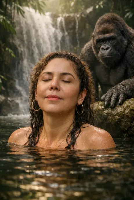 Ultra-realistic cinematic jungle portrait, 8K resolution, vertical 4:5 aspect ratio — a young woman immersed chest-deep in a natural rainforest pool beneath a cascading waterfall. Pose exactly as reference: eyes closed, head slightly tilted upward, relaxed serene facial expression, wet hair hanging naturally over shoulders, water droplets visible on skin. Shoulders just above water level, calm reflective surface with soft ripples in foreground. Behind her on the right side, a massive realistic gorilla standing partially on a moss-covered rock, one large hand resting gently on the stone, watching protectively. Dense tropical foliage surrounding the waterfall, soft mist in the air, volumetric light rays filtering through trees. Natural skin texture, detailed fur texture, cinematic depth of field, sharp foreground subject with slightly blurred waterfall background, dramatic yet peaceful jungle atmosphere. size 4 5 image generate