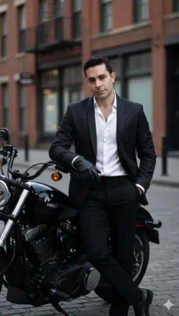 Utilice mi imagen cargada en Retrato de un hombre, un elegante blazer negro con una textura intrincada sobre una camisa de satén blanca ligeramente abierta y guantes de cuero negros, de pie / apoyado en una motocicleta negra brillante (Harley Davidson) en una calle de la ciudad con un edificio de ladrillos al fondo.
Su expresión es seductora y tranquila.