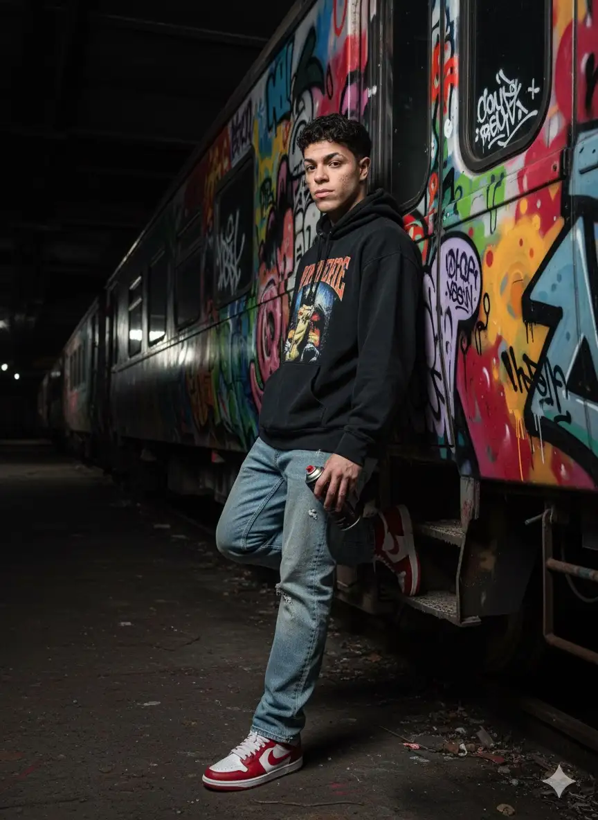 Hyperrealistic urban portrait of a character leaning naturally against a train car covered in detailed, colorful graffiti with dripping paint and neon reflections. The subject is looking directly at the camera, holding a spray paint aerosol can in one hand. Using the reference image as a STRICT source, preserve the EXACT likeness, facial structure, body proportions, and natural hair of the person.
The subject wears authentic 2000s-inspired streetwear: an oversized hoodie, light-wash regular-fit jeans, and classic sneakers. The setting is a nocturnal tunnel or abandoned station, with dramatic lighting that creates sharp reflections on the metal train surface.
The atmosphere conveys rebellion and street art culture, shot with a cinematic aesthetic. Photorealistic quality, Canon EOS 5D Mark IV, 35mm lens, high contrast cinematic lighting.
urban photography, streetwear, graffiti, cinematic lighting, neon reflections, hyperrealistic, 2000s aesthetic, rebellious, street art culture, direct gaze, spray paint can --v 6.0 --style raw --ar 2:3