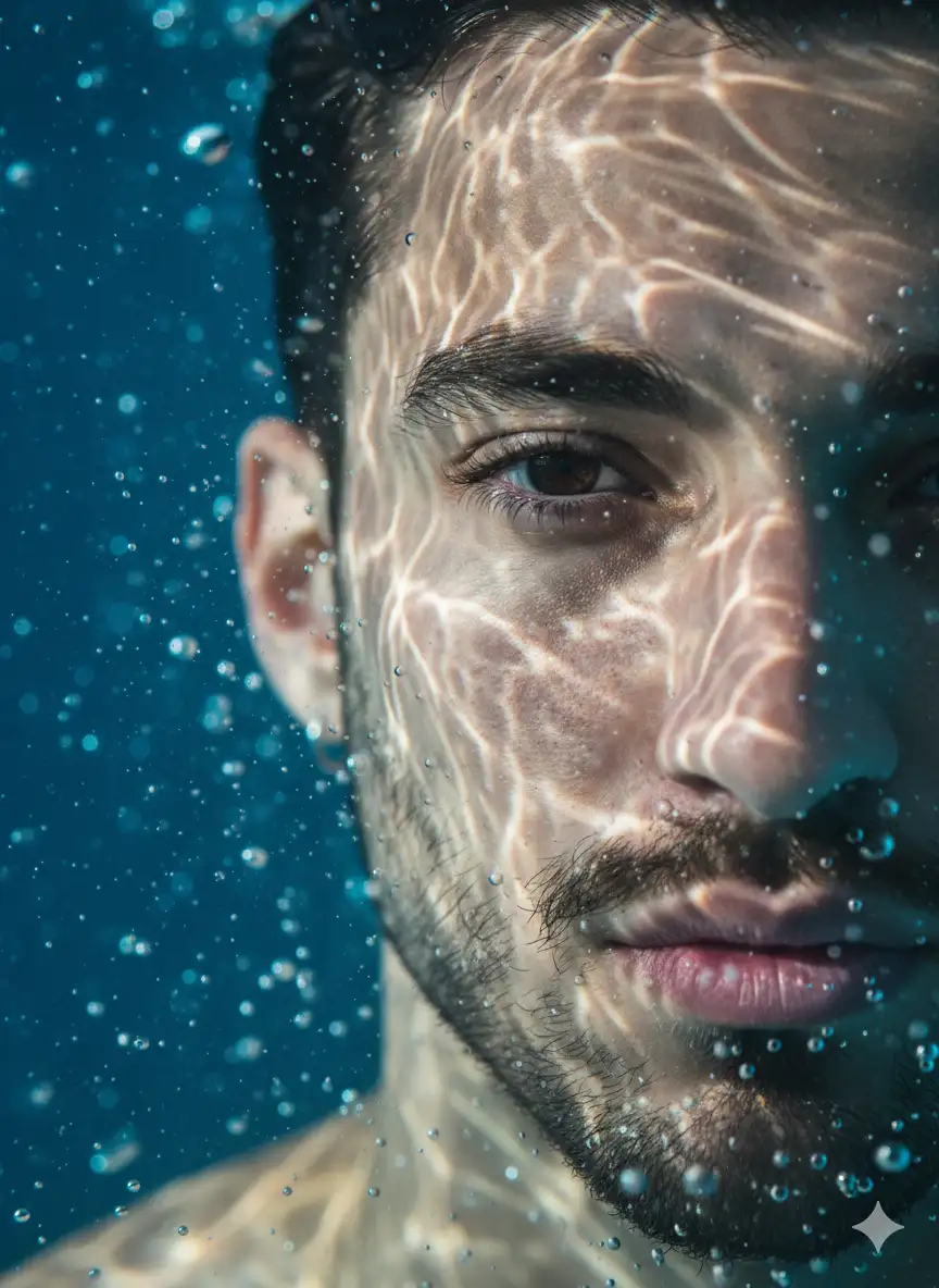 Use face above uploaded photo, A hyper-realistic underwater close-up portrait in 3:4 aspect ratio, capturing only the left half of the face with one sharply focused eye at the far left. Cinematic lighting casts caustic patterns on the skin, while suspended droplets and bubbles add depth. The image features photorealistic textures – skin pores, wet lips, eyelashes, and subtle subsurface scattering – creating a surreal, dreamy mood with a shallow depth of field and macro perspective. Don't change facial features