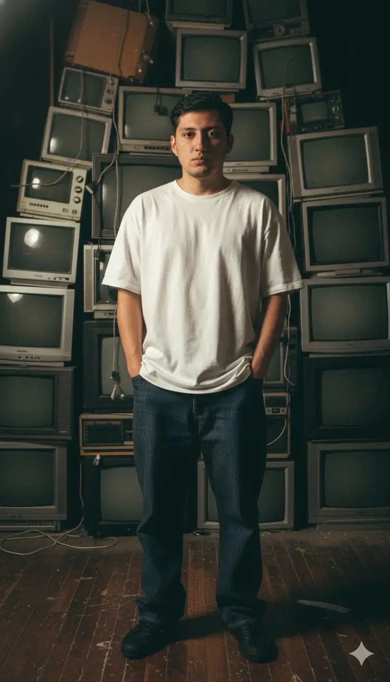 MOODY URBAN PORTRAIT OF ME STANDING AGAINST STACKED VINTAGE CRT TVS AND OLD ELECTRONICS ON A WORN WOODEN FLOOR. I WEAR AN OVERSIZED WHITE T-SHIRT AND LOOSE DARK PANTS, HANDS IN POCKETS, RELAXED POSTURE. CINEMATIC TOP LIGHTING WITH DEEP SHADOWS AND RICH TEXTURE. SHOT ON 35MM, F/2.8, ISO 400, 1/125S. APPLY FUJI CLASSIC CHROME PRESET WITH WARM HIGHLIGHTS, STRONG CONTRAST, SLIGHT
DESATURATION, LIGHT FILM GRAIN, AND SOFT VIGNETTE FOR A NOSTALGIC, NON-BLUE TONE LOOK.