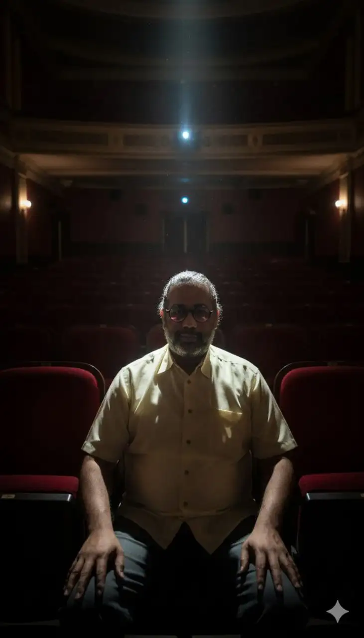 De asientos de terciopelo rojo que se extienden tras él.

Una melancólica toma interior del hombre sentado en el centro de un cine antiguo con poca luz, con las filas en sombra. Un único haz de luz del proyector atraviesa la neblina de partículas de polvo, iluminando su rostro en penumbra, dejando el resto en la oscuridad. Su postura es tranquila pero imponente, evocando la atmósfera de una película de arte y ensayo.

No cambiar ni editar mi rostro.