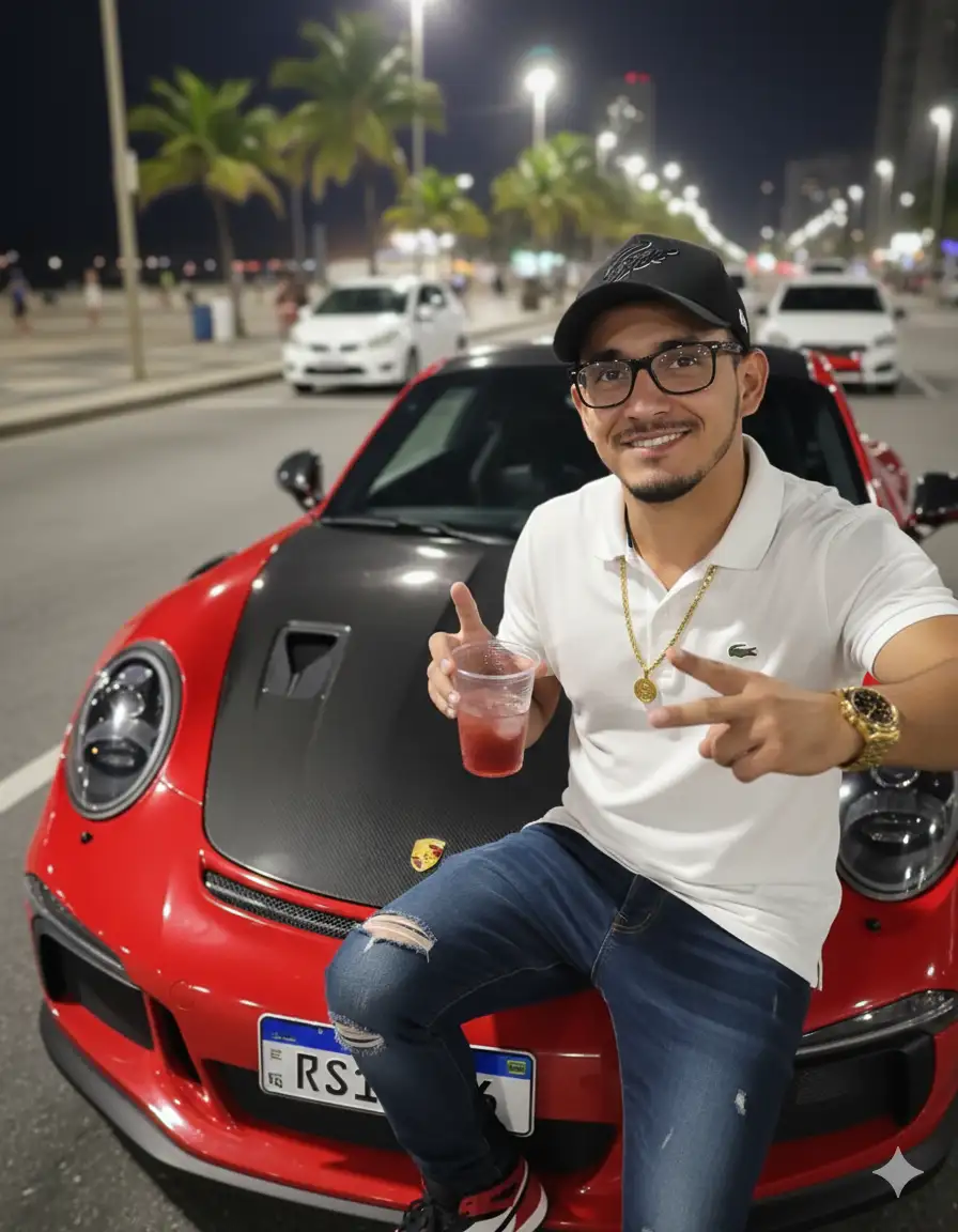 Crear un selfie nocturno ultra realista de la persona en la foto subida, conservando el 100% de sus rasgos faciales expresion,

anteojos y gorra de béisbol exactamente como en

la referencia. La selfie debería parecer

se tomó naturalmente con un smartphone +

con la cámara sostenida en la longitud del brazo

frente a él. Él está sentado casualmente en el

capucha de un Porsche rojo brillante 911 GT3 R$196

con capucha negra de fibra de carbono. Él es

vistiendo una camisa de polo Lacoste blanca, oscura

Vaqueros rasgados, una gorra de béisbol negra, y

Zapatillas Nike Jordan. Él tiene un grueso

Cadena de oro con una

Aters en el colgante, un reloj dorado en su muñeca izquierda, y sostiene una taza de plástico clara llena de una bebida roja su diestra. Con su mano izquierda, hace una señal de paz (V). La escena nocturna urbana de la Orla de Copacabana en Río de Janeiro es visibilizada en suavemente difuminada fondo, con faros, frente a la playa y coches aparcados. Iluminación debería ser realista, como faros naturales por la noche, con reflejos suaves sobre el coche, lentes y accesorios Estilo: Selfie nocturno ultra-realista, perspectiva de smartphone natural, tonos cálidos, profundidad realista del campo, texturas exactas de contraste lisas, dinámicas pero beleva composición de selfies. Prompt Negativo:

sin cámaras extras, sin equipos de cámara visibles, sin reflejos de lente, sin distorsiones, sin rostro borroso, sin deformación corporal, sin extra extremidades, sin manos duplicadas, sin partes corporales, sin artefactos, sin texto, sin marca de agua, sin fallas, sin iluminación irrealista, sin difuminación excesiva, sin piel plástica, sin antecedentes incorrectos, sin faltar accesorios, cambios en el rostro, lentes o gorra, sin diferentes Forma facial, sin ropa incorrecta, sin objetos cortados, sin efectos surrealistas, sin exageración cinematográfica, sin perspectiva sobrenatural de 196. "