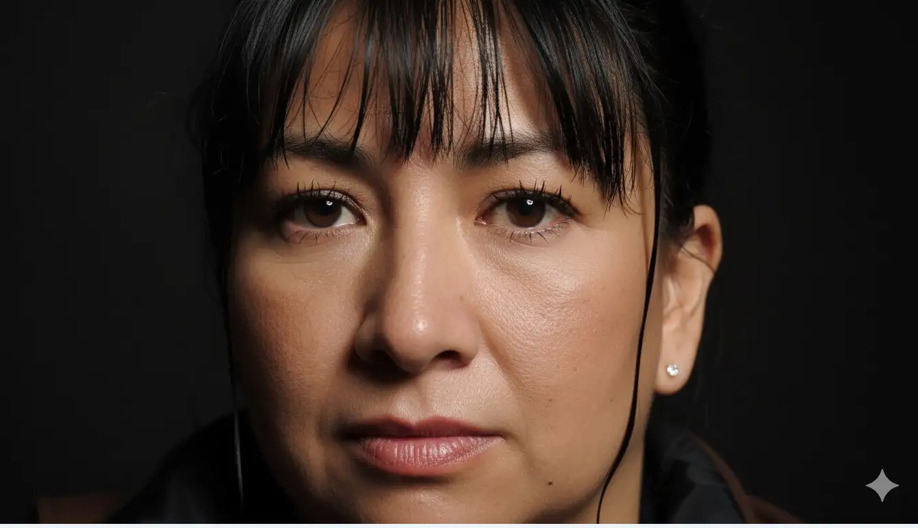 No modifiques el rostro. Crea un retrato en primerísimo plano basado en esta imagen, utilizando exactamente los mismos rasgos faciales, capturando la intensa textura de la piel y los detalles de hidratación. Piel fresca y radiante, con un brillo natural, y cabello húmedo cubriendo parcialmente el contorno de los ojos. El ojo está nítido y con gran claridad, mostrando un sutil enrojecimiento para un realismo puro. Iluminación: Luz de estudio direccional intensa desde un ángulo lateral, que resalta los poros, las luces y las microsombras de la piel.