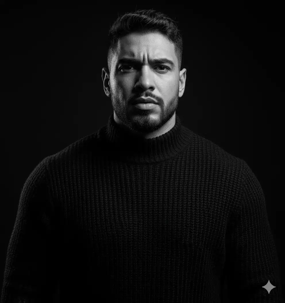 Black and white ultra-realistic portrait of a man looking intensely at the camera with a furrowed brow. Dramatic lighting from above, textured sweater, visible skin pores and light sweat. Studio background completely black. Raw emotion, high-contrast monochrome style.