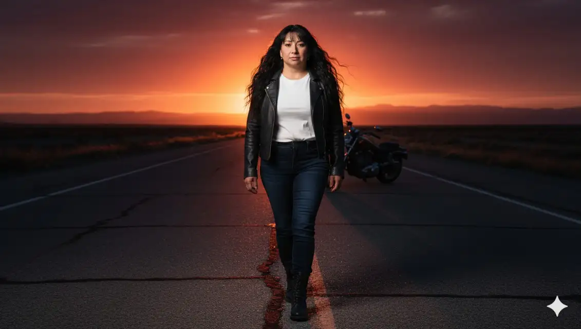 Vamos fazer isso. Para esta imagen, imagina que no meio da rodovia deserta ao pôr do sol, usando el mismo look de la primera foto con una moto: calça jeans escura, jaqueta de cuero preta (aberta ou semi-aberta) y botas robustas. Sua pose seria caminando en dirección a la cámara, con una expresión confiante, eo cabelo solto esvoaçando com o vento. La iluminación natural del sol criado contrasta dramáticamente con sus ropas ocultas y el escenario, manteniendo sus trazos faciales intactos.