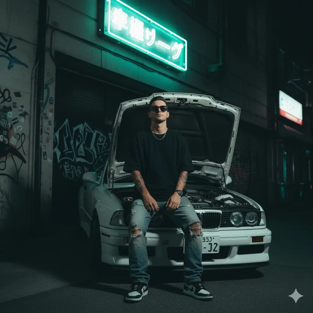 A gritty analog-style photo straight out of a Tokyo street scene. The face must remain exactly as in on my original selfie — no editing, no retouching, no smoothing. The subject (from the selfie) is sitting confidently on the open front hood of a BMW M3 GTR, parked under a flickering neon sign in a quiet alley of Shibuya at night. The look is casual but bold: black oversized T-shirt, black sunglasses, baggy jeans, and Nike Air Jordan Lows. He turns slightly toward the camera with a cool, post-model attitude, relaxed but with presence. Captured with direct flash and shot on expired 35mm film to enhance the raw, lo-fi aesthetic. Add soft glare, light burn on the edges, slight motion blur on the background, and heavy grain. Shadows are harsh, highlights slightly blown out – giving that 2000s underground tuner scene energy. Stickers and street graffiti appear faintly in the background, hinting at location and chaos.