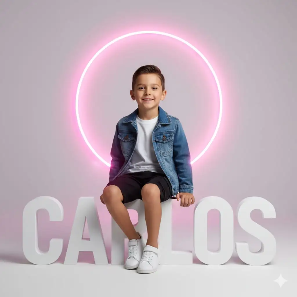 "Genera una" foto para que aparezca un "niño" de "5" años, con cuerpo casi delgado, "CARLOS", sentado sobre las grandes letras blancas que forman su nombre. Lleva una camiseta "blanca" envuelta en una chaqueta vaquera, pantalones cargo "negros cortos" y zapatos "blancos". Su piel es limpia y brillante. Mira a la cámara. La foto fue tomada de cerca. Un círculo de neón "rosado" brillante se encuentra detrás de él. El fondo es un estudio gris liso. Sin modificar el rostro original.