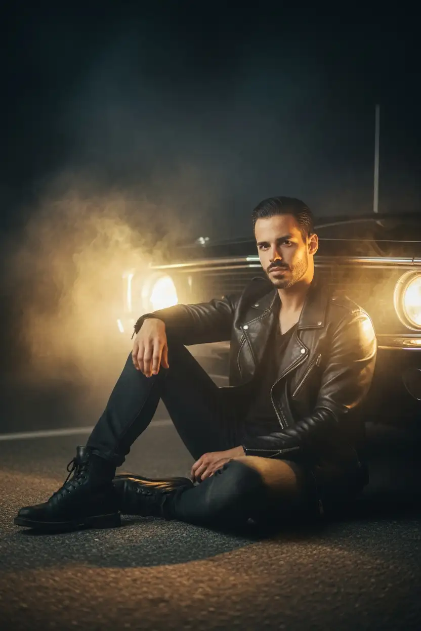 ADELANTO
Usando la imagen cargada 100% exactamente cara
Retrato cinematográfico ultra detallado de 8K de un hombre sentado junto al faro de un clásico
Coche por la noche. Los faros del coche están encendidos, emitiendo un fuerte brillo amarillo cálido directamente sobre su
Cara. El hombre está recostado contra el coche, parcialmente iluminado, rodeado de
Humo y niebla. Lleva una chaqueta de cuero negra, con una expresión tranquila e introspectiva, mirando
Lejos un poco. Su postura es relajada, claramente sentada contra el automóvil, no de pie.