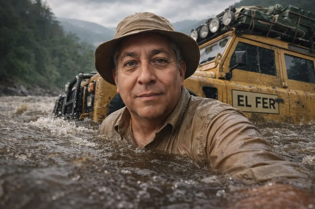 con mi foto Genera una imagen en calidad 16K con estilo hiperrealista y etalonaje cinematográfico tipo película IMAX. El hombre debe conservar el 100 por ciento de su fisionomía real: rasgos faciales, proporciones, textura de piel, expresión y volumen corporal, replicados con precisión fotográfica a partir de la imagen de referencia. El rostro no debe alterarse bajo ninguna circunstancia. 
Crear un retrato hiperrealista de un hombre en acción, reemplazando su rostro con el de la referencia real. La escena lo muestra de pie, con el pecho sumergido en las aguas turbias y agitadas de un río, junto a un Land Rover EL FER amarillo inclinado y casi hundido. El hombre viste una camisa safari color café claro y un sombrero de safari, con la ropa visiblemente mojada y adherida a su cuerpo, mientras mira directamente a la cámara con determinación. 
La toma debe realizarse desde un ángulo bajo, al nivel del agua, capturando la turbulencia del río en primer plano. El fondo incluye un bosque denso y montañas ligeramente desenfocadas, con una profundidad atmosférica coherente. La iluminación debe ser suave y natural, propia de un día nublado, resaltando texturas realistas: agua, lodo, metal, pintura desgastada, caucho, tela mojada y piel humana. La superficie del agua debe mostrar micro detalles de turbulencia, salpicaduras y reflejos difusos. El vehículo debe reproducirse con exactitud absoluta, idéntico al diseño original, incluyendo desgaste, tornillería, accesorios y acabados. En el techo, el equipo de safari debe verse perfectamente acomodado y amarrado, con cuerdas tensas y materiales fielmente representados.
El rostro del sujeto debe integrarse de manera impecable con la luz, las sombras y la humedad ambiental, conservando al 100 por ciento sus proporciones reales. La piel debe presentar poros, texturas naturales e imperfecciones auténticas, sin suavizado digital. El render debe basarse en un comportamiento físico real de la luz, logrando una imagen totalmente indistinguible de una fotografía capturada en la vida real.