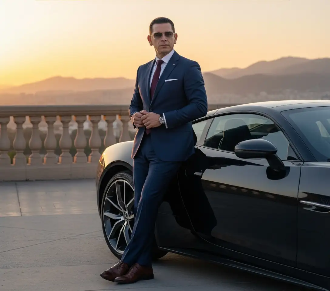 Retrato masculino realista, estilo editorial de luxo, mostrando o mesmo homem da referência principal (cabelo penteado para trás com volume natural, expressão confiante e madura) encostado em um carro esportivo preto brilhante durante o pôr do sol.

Ele veste um terno azul-marinho bem ajustado, camisa branca e gravata bordô. Usa sapatos de couro marrom e relógio elegante no pulso.

A cena se passa em um ambiente urbano sofisticado, próximo a um parapeito de pedra com vista panorâmica e montanhas ao fundo. O pôr do sol ilumina o céu com tons dourados, alaranjados e rosados, refletindo suavemente na lataria do carro.

O enquadramento é em plano médio, mostrando o homem inteiro encostado casualmente no carro, com uma perna cruzada e uma postura confiante. O foco está na harmonia entre o luxo, o bom gosto e a iluminação cinematográfica dourada.

Alta definição, textura realista da pele, tecidos e reflexos do carro. Estilo fotográfico contemporâneo, luz natural dourada, atmosfera elegante e sofisticada.

Detalhes técnicos e estéticos:

Cenário: rua ou mirante urbano durante o pôr do sol

Personagem: mesmo homem da foto original (barba, cabelo, óculos, traços maduros)

Roupa: terno azul-marinho ajustado, camisa branca, gravata bordô, sapatos de couro marrom

Acessórios: relógio elegante, óculos, lenço no bolso do paletó

Carro: esportivo preto de luxo, com acabamento polido

Iluminação: dourada e quente, luz natural do entardecer

Composição: corpo inteiro, levemente inclinado, encostado no carro

Clima/emoção: confiança, poder, sucesso e sofisticação

Estilo: editorial de moda masculina / publicidade automotiva

Parâmetros recomendados (para Nano Banana):
--style: cinematic_sunset
--lighting: golden_hour
--camera: full_body_portrait
--focus: man_and_car
--mood: confident_elegant
--quality: ultra_detail
--composition: leaning_on_car

Prompt negativo (para evitar ruídos):

blurry, cartoonish, low contrast, overly saturated, smiling widely, messy background, casual clothes, distorted car, poor reflections, unnatural skin tones, exaggerated lighting, low detail