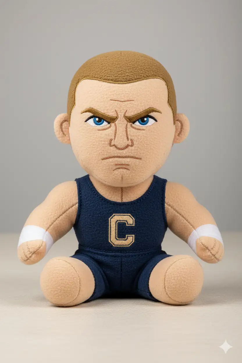 A soft, high-quality plush toy of [uploaded photo], with an oversized head, hair, small body, and stubby limbs. Made of fuzzy fabric with visible stitching and embroidered facial features. The plush is shown sitting or standing against a neutral background. The expression is cute or expressive, and it wears simple clothes or iconic accessories if relevant. Lighting is soft and even, with a realistic, collectible plush look. Centered, full-body view.