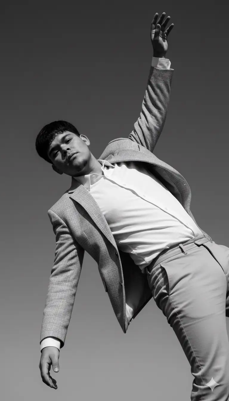 Using this image as reference, generate a high-resolution black-and-white portrait of the same person, preserving their facial features, hairstyle, skin texture, and expressive body posture with photorealistic accuracy. They are dressed in a light-colored checkered blazer (not dark), a white shirt, and light pants. The person appears to be leaning or falling backward, with one arm extended upward toward the sky-evoking a sense of surrender, elevation, or emotional release.
The image should be rotated, so that the subject appears suspended diagonally across the frame. This orientation enhances the visual tension and symbolic ambiguity of the gesture. The background is a plain gradient sky, minimal and expansive, creating a stark contrast with the subject's silhouette.
Do not remove or smooth out natural imperfections-preserve skin texture, asymmetries, and fabric creases to maintain authenticity. Use a cinematic lens (35mm or 50mm equivalent, f/2.0), high-contrast monochromatic rendering, and editorial-style post-processing. The image should feel poetic, dramatic, and timeless, with symbolic undertones and visual clarity. No text or overlays.