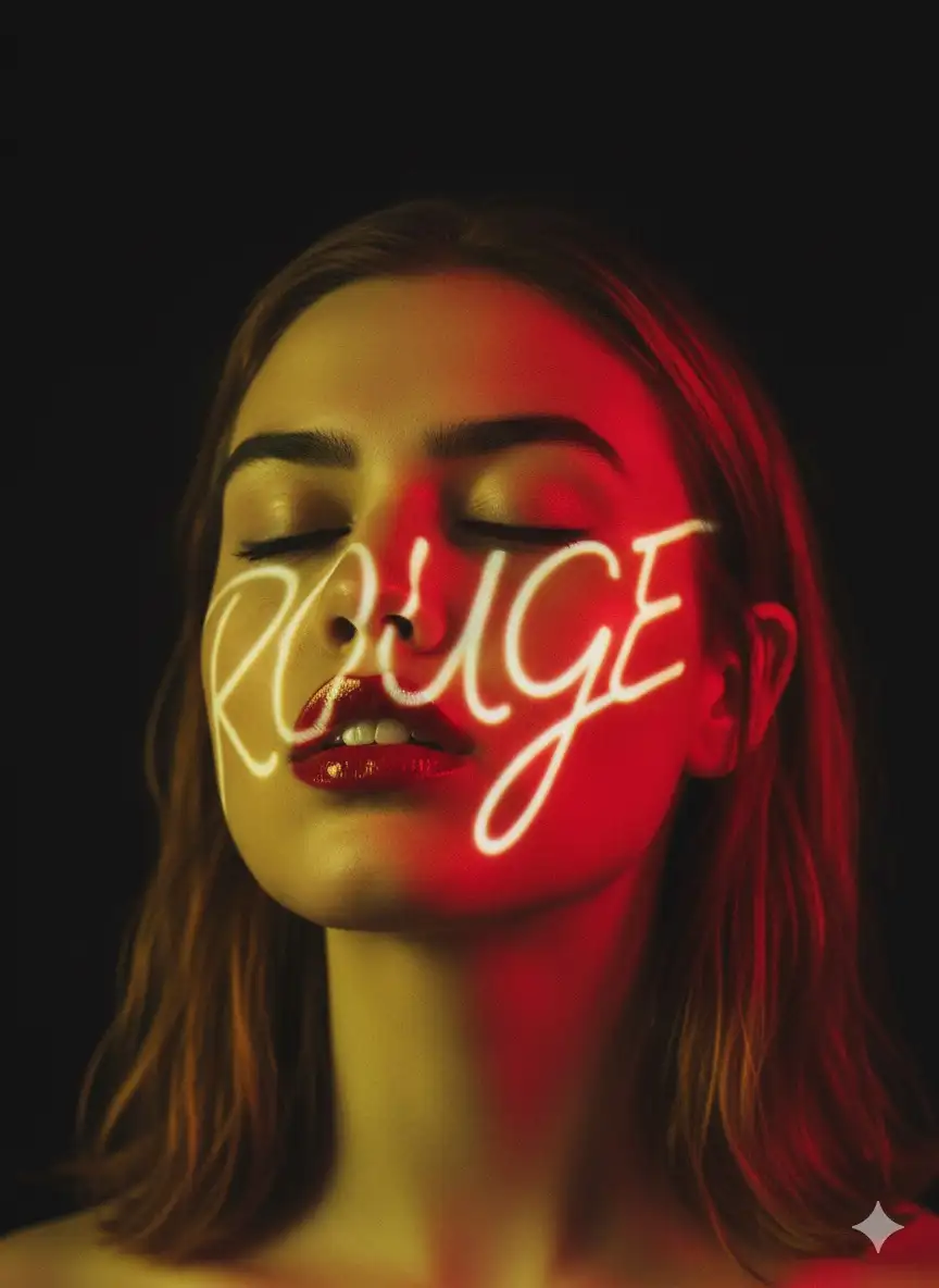 Take a Close-up shot of a young woman, with closed eyes and parted lips, illuminated by a dramatic combination of red and yellow light. Her lips are glossy and vibrant red, contrasting against the warmer tones enveloping her face and neck. The word "ROUGE" is projected onto her face in a neon-like, flowing font, creating dynamic shadows and highlights across her skin. The lighting is intense, casting deep shadows and emphasizing the texture of her skin. Her hair is a shade of orange-brown, blending with the color palette of the scene. The background is dark, ensuring all the focus is on the woman’s face. The image evokes a sense of mystery and sensuality, captured with a cinematic approach. The overall mood is dramatic and stylized. --ar 2:3 --style expressive --q 2. Don’t change face features