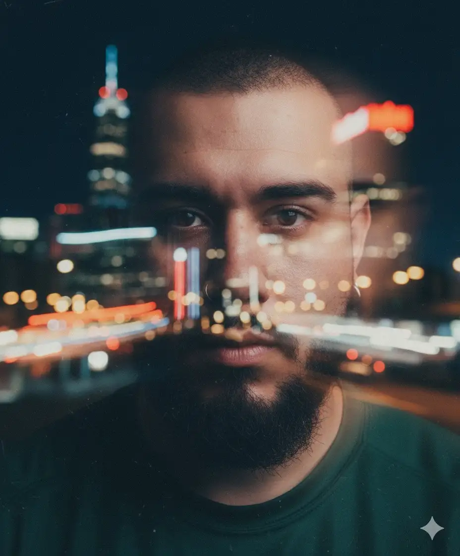 Photo of me, dreamy cinematic portrait at night with captured using long exposure. The city skyline glows behind me, with blurred neon lights creating red, orange, and white trails. My face is partially sharp but with motion blur around the edges, giving a surreal, ethereal, and painterly effect. The mood is mysterious and otherworldly, with soft glowing tones and a retro-futuristic film photography style