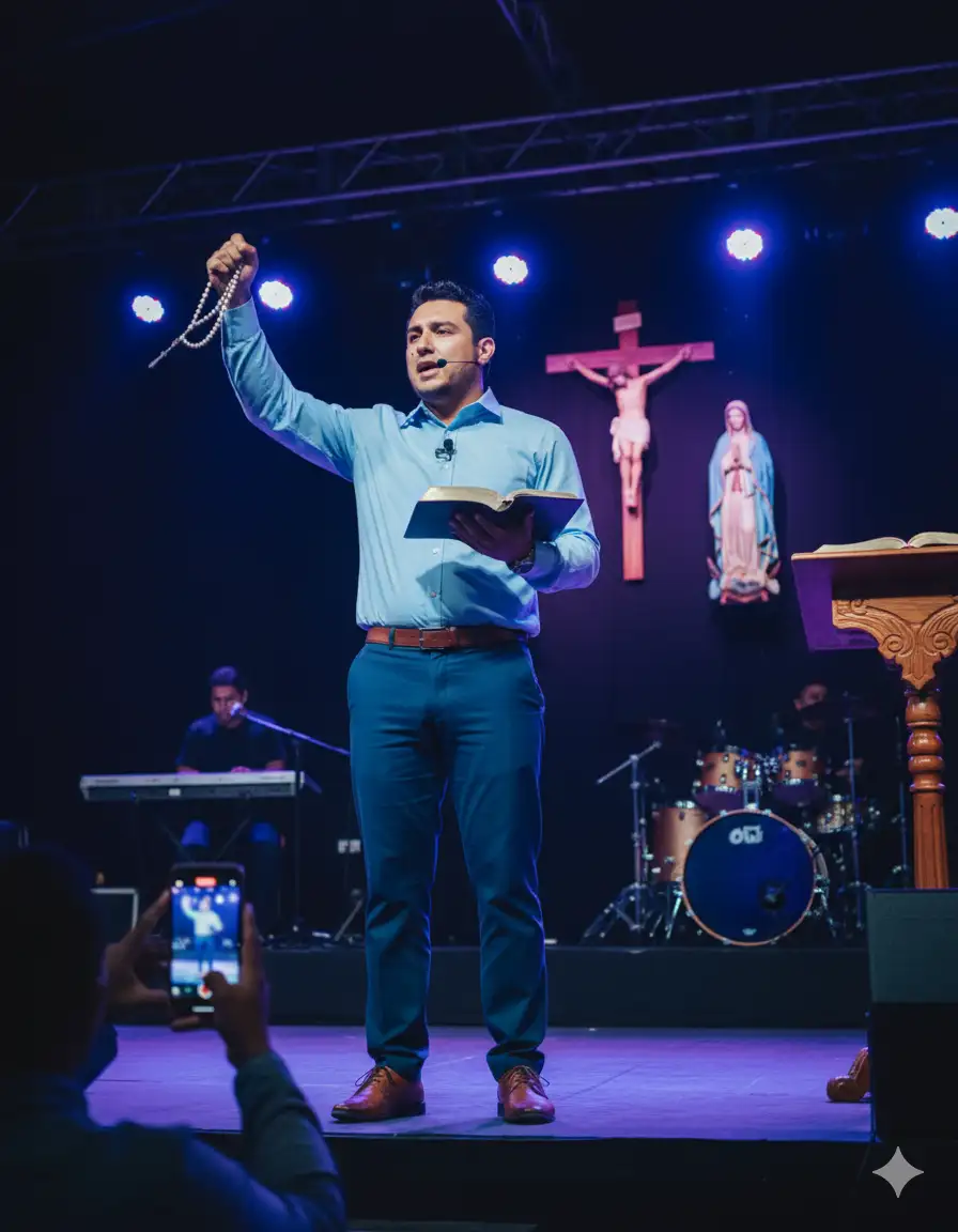 Crea una imagen estilo fotografía Hiperrealista con los siguientes detalles:

La fotografía parecerá haber sido tomada en un evento o presentación nocturna, probablemente desde la audiencia, capturando a un hombre en un escenario.

* El Sujeto Principal:
El enfoque está en un hombre de mediana edad (36 años), te añado la imágen del rostro que debes poner, debe ser la misma persona con su rostro identico, sin cambios faciales, que está de pie en el centro del escenario.

 * Vestimenta: Lleva una camisa manga larga de color celeste, que parece ser formal, con cuello y botones. La camisa refleja levemente la luz azul o púrpura del ambiente, lo que le da un tono vibrante. Viste pantalones de vestir azul marino con la camisa. faldada, cinturon café y zapatos cafes.

 * Postura y Acción: Está de pie, mirando hacia adelante (hacia el público). Su brazo derecho está levantado al cielo empuñando un rosario católico, el brazo derecho sostiene una biblia católica, tal parece que está gesticulando, lo que sugiere que está hablando o dando una predicación apasionadamente. en su camisa se alcanza apreciar que esta prensado con un clip, un micrófono Lavalier inalámbrico por el cuál él está hablando.
 
* El Escenario y la Ambientación:
El hombre se encuentra sobre un escenario elevado, con una estructura metálica oscura (parece ser parte de un truss de iluminación o soporte) visible justo por encima de su cabeza.

 * Iluminación: La escena está dominada por una luz de color púrpura o azul eléctrico que ilumina intensamente al orador y el fondo, creando un ambiente dramático y oscuro. Hay focos de luz dirigidos hacia el escenario.


 * Fondo: Detrás del hombre, cuelga un crucifijo y a un lado el bulto de la virgen María, se ve un poco desenfocado. Esto sugiere que el tema del evento es de evangelización católica.

 * Mesas y Decoración: A un lado del hombre, detrás de él, hay unas personas que parecen ser del ministerio de alabanza, se encuentran en un teclado y una bateríase ven desenfocados, Sobre un atril a su derecha (izquierda del espectador), hay un libro, resulta que es una biblia.

* La Audiencia:
En la esquina inferior izquierda, una persona de la audiencia de e varias que se encuentran, está sosteniendo un teléfono móvil para tomar una foto o grabar al orador. La pantalla del teléfono está iluminada, lo que resalta la acción de documentar el evento.

En resumen, la imagen captura un momento dinámico de una presentación o discurso en un evento formal, destacando la interacción del orador con su audiencia bajo una iluminación de escenario vibrante, párese ser que la imagen es una fotografía de hace ya algunos años por su aspecto. Ahora crea esa imagen.
