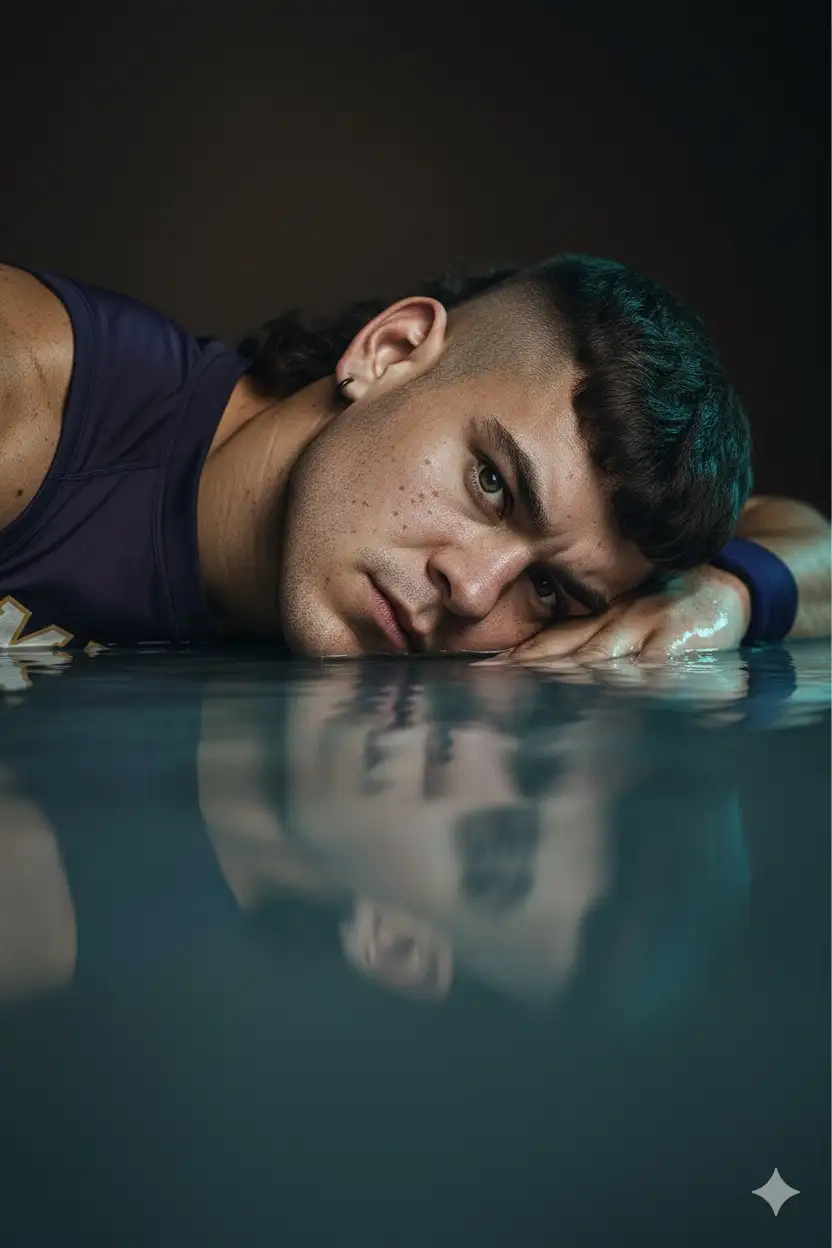 Ultra-detailed realistic photo in 18K, vertical cinematographic portrait (9:16 format, ideal for TikTok) of a young man lying on his stomach on a surface that simulates calm and bluish water. His right cheek rests gently on the plane, and the face is reflected in the water with subtle movement of undulations, creating delicate, smooth and realistic distortions in the reflection.

Face details: open eyes, with special emphasis on their natural color and intense brightness also reflected in the waves; slightly half-open lips, soft and melancholic expression. Do not change your facial features or eye color.

Camera: almost parallel to the reflection plane, tilted between 5–10° down to perfectly capture the face/aquatic reflection pair. Vertical framing 9:16, centered head, medium and close cut.

Lighting:

•	 Warm and soft key light coming from the front-left (small diffuse beauty dish) caresses the cheek and nose.

•	 A cool teal/blue light on the right adds dramatic contrast and realism in the reflection with undulations.

•	 Soft backlight above and behind separates the contour from the dark background.

Environment: dark and intimate, with soft shadows and dark gradient, transmitting a melancholic and aquatic atmosphere, while the light ripples give a poetic and lively touch to the scene.