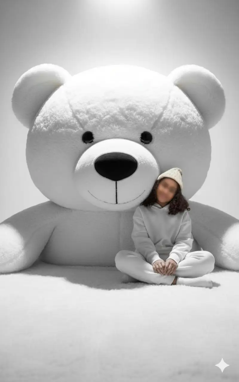 Fotografía artística surrealista de un NIÑA de 7 a 8 años, con un traje blanco, sentado junto a la cabeza gigante y esponjosa de un oso de peluche blanco. La persona lleva ropa de calle blanca. El sujeto es una pequeña y suave oso de peluche blanca, desproporcionadamente grande, que ocupa la mayor parte del encuadre. Tiene una textura suave y afelpada con costuras no tan visibles y una nariz negra.  Una fuente de luz blanca brillante se coloca encima, creando un efecto de halo y proyectando sombras sutiles. Utiliza el 100% del rostro de la foto enviada  sin alterar ningún detalle facial