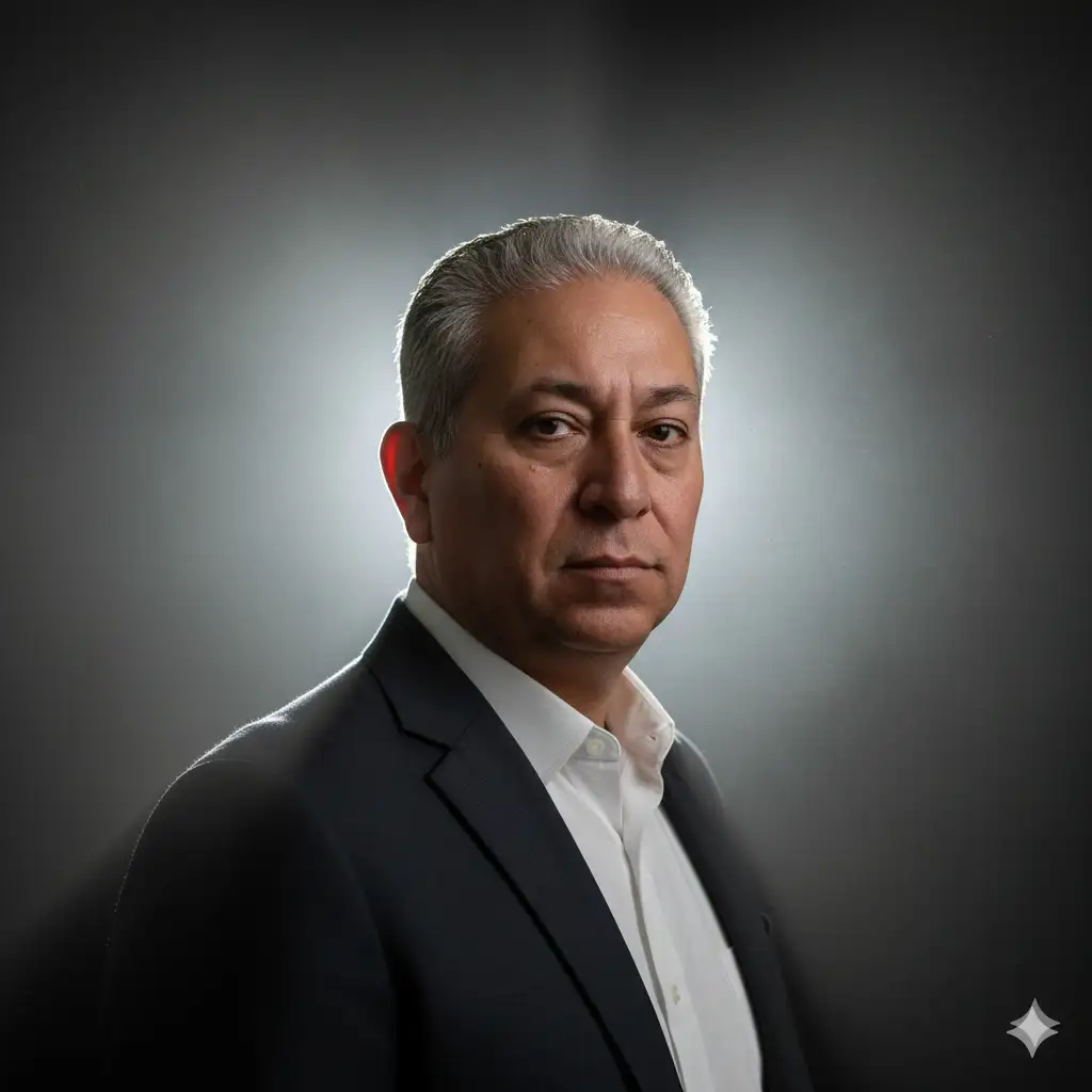 Retrato de un hombre con contraluz intenso desde atrás, relleno frontal suave, niebla atmosférica que deja ver rayos de luz, fondo oscuro, mirada intensa, estilo dramático de claroscuro, retrato editorial fine art, lente 85 mm, f1.4 —ar 3:4v 6-style raw -q 2-s 340