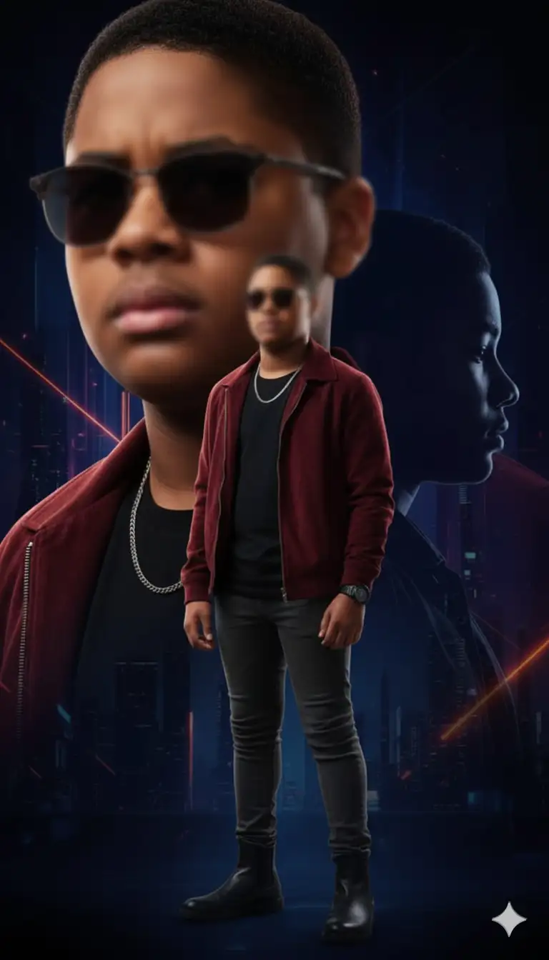 Póster collage cinematográfico ultrarrealista en 4K de un JOVEN ADOLECENTE (mismo rostro que la referencia). Lleva una chaqueta de ante granate oscuro sobre una camiseta negra ajustada, pantalones ajustados GRIS marengo y botines NEGROS. Complementa su look con una cadena plateada, un reloj NEGRO y gafas de sol, creando un look atrevido y elegante.
El póster incluye tres tomas fusionadas: un primer plano (emoción intensa), una pose de cuerpo entero (postura segura) y un perfil lateral (silueta definida).
Fondo: oscuro, melancólico y futurista. SIN TEXTO EN LA IMAGEN