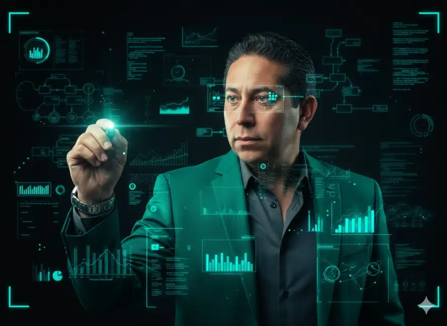 "[Tu foto/La persona de la foto proporcionada] se presenta como un hombre cuya expresión es seria, concentrada y de experto, mirando ligeramente hacia la izquierda, como si interactúa con datos invisibles. Viste un traje elegante: un blazer de color verde esmeralda o bosque, abrochado con un solo botón, y una camisa de vestir gris oscuro o carbón debajo, con el cuello desabrochado. Lleva un reloj de pulsera grande en su muñeca izquierda, sugiriendo un estilo ejecutivo moderno.

El hombre está capturado en el acto de escribir o dibujar en el aire con lo que parece ser un puntero digital o un lápiz óptico, sostenido con su mano derecha.

Tanto sobre el sujeto como en el fondo, se proyectan múltiples elementos holográficos en color cian/verde neón brillante: en el rostro, pequeñas cuadrículas de datos y puntos de seguimiento (como un HUD o Heads-Up Display) se proyectan sobre sus ojos y pómulos; en la ropa, líneas, gráficos, código y diagramas técnicos se superponen sobre su blazer y el brazo que sostiene el puntero, fusionando al sujeto con la tecnología; en el fondo, la pared oscura detrás de él está completamente cubierta por una matriz compleja de diagramas de flujo, gráficos de barras, bocetos técnicos y texto de código, creando una interfaz de datos envolvente.

La iluminación es dramática y de alto contraste. La luz principal es el brillo verde neón de los datos proyectados, que ilumina al hombre desde el frente. El fondo es de un negro intenso, lo que aísla al sujeto y hace que los gráficos cian resalten de manera espectacular. La atmósfera general es de ciencia ficción, innovación y visión analítica."